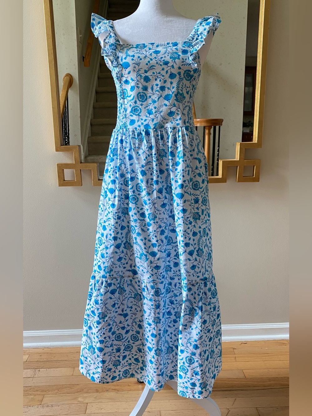 Draper James Blue White Floral Smocked Ruffle Strap Midi Dress Size S